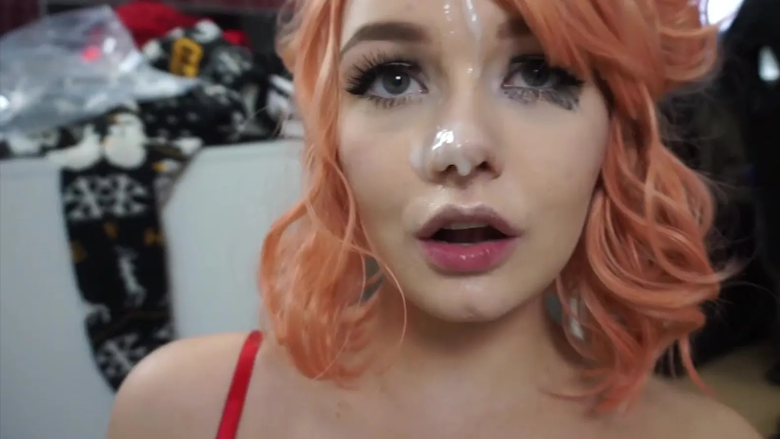 Cute redhead face covered in cum after blowjob and doggy fuck picture