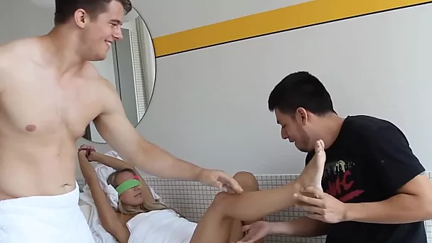 Blindfolded chick didn't expect to get fucked with two guys
