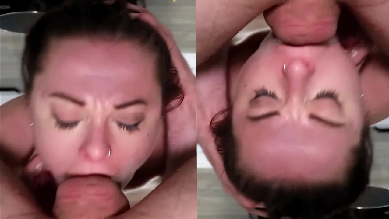 She gags on his cock as his cum explodes from her mouth