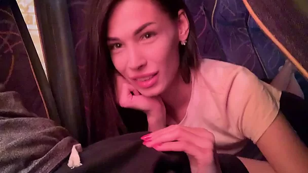 Hot Brunette's Risky BJ in Public Bus