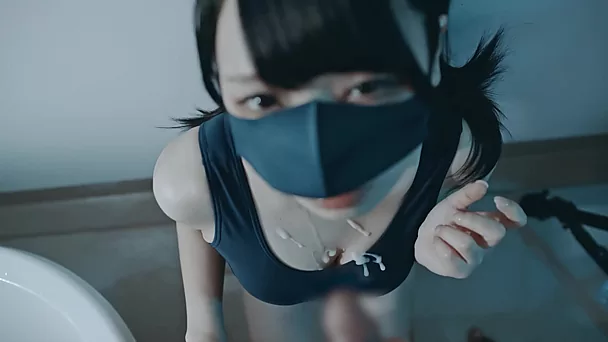 Masked Japanese schoolgirl sucks in POV and gets Cum on her breast