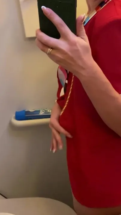 Naked flight attendant in the lavatory of an airplane during a night flight. Original content.