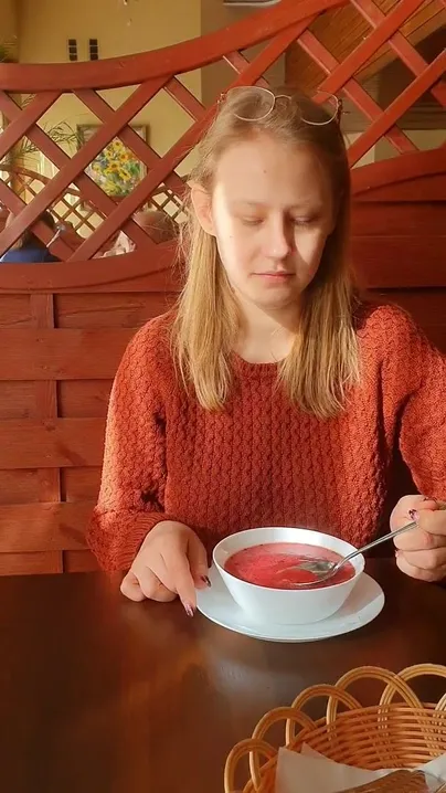 When I eat the traditional Polish soup borscht and I like it, like in this restaurant, something comes over me and I have to show my boobs. Heh