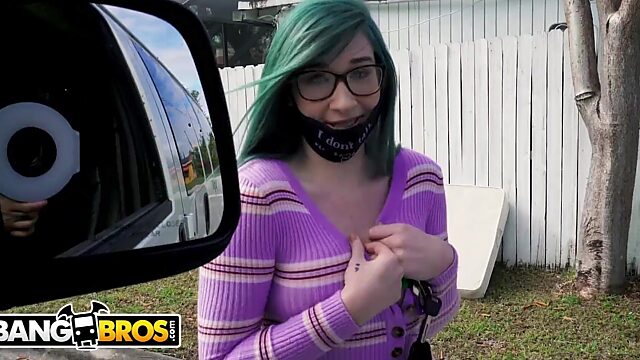 Stranger girl flashes her tits in the street and enjoys quickie in a bangbus