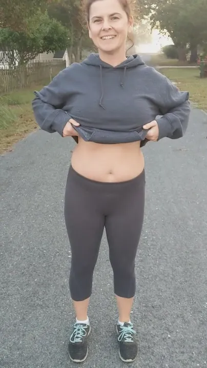 Taking a break from my early morning jog to flash my somewhat decent tits