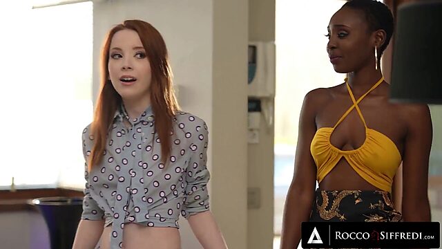 Pale redhead invites her Ebony BFF and fucks her black cherry with toy