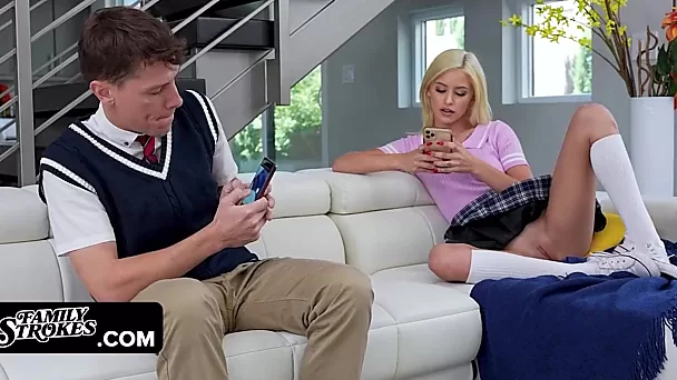 Blond beauty has orgasm issues and her step-brother offers his help