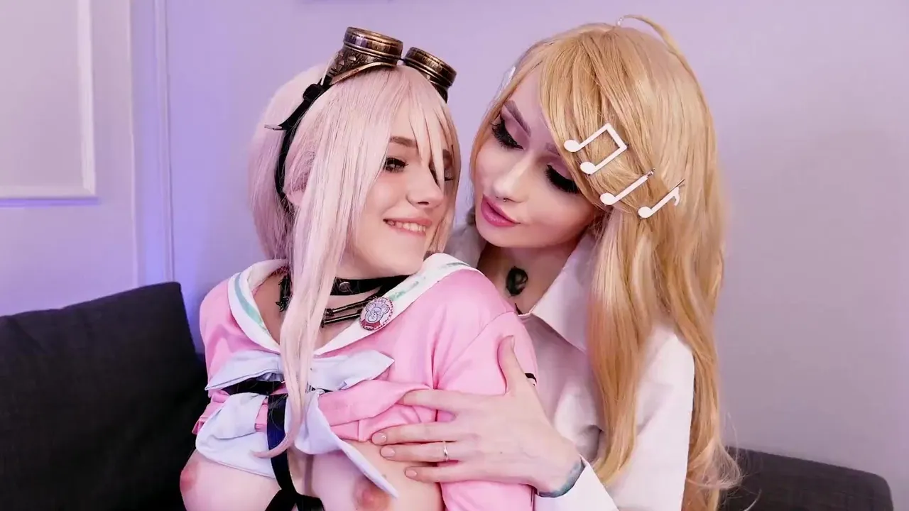 Danganronpa hentai cosplay girls in threesome with one cock image