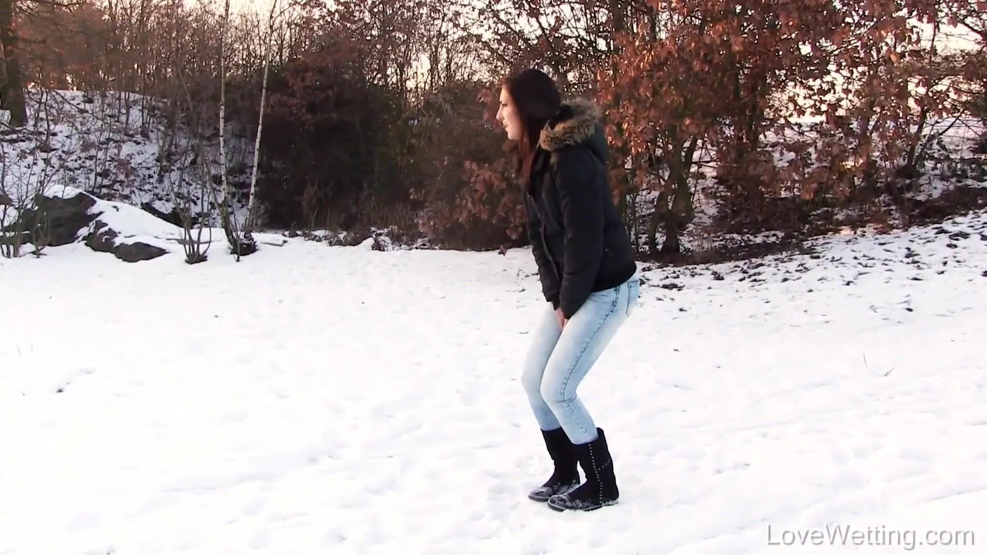 Standing bench pee in the snow