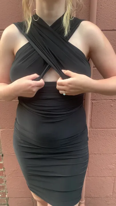 Public Birthday flash from my wife. Do you like her big tits?