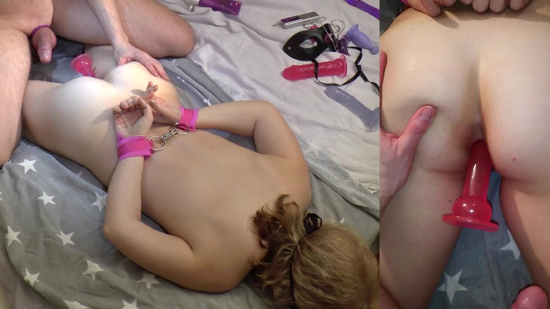 Amateursex auf dem Bett mit Handschellen, Spielzeug und einem fetten Schwanz