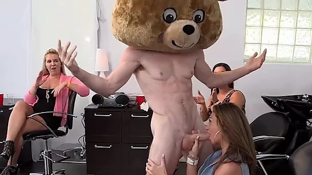 Teddy bear fucks mouths of numerous sluts