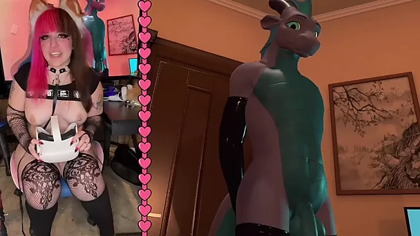 Plump E-Girl plays a furry VR game with an integrated sex machine