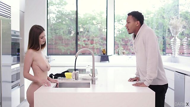 Stella Cox seducing a black guy washing dishes naked and gets fucked