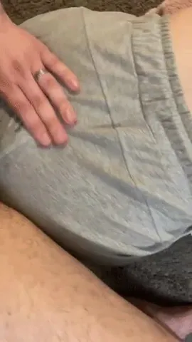 Cumming through my wife's gray shorts, add more.