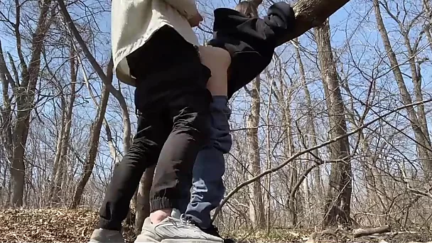 The couple decided to have fun in the woods