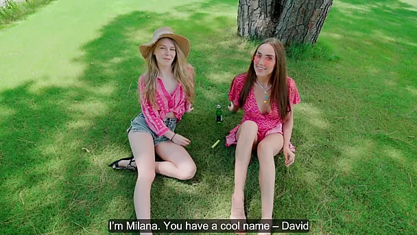 Russian girls Polina and Milana are flirting with stranger guy in the park