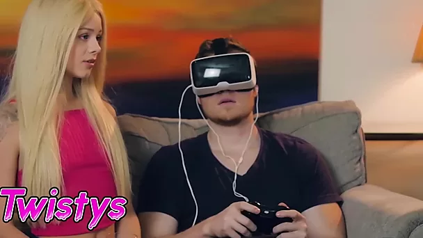 Skinny blonde cheats on her boyfriend with his mom while he plays in the virtual world!