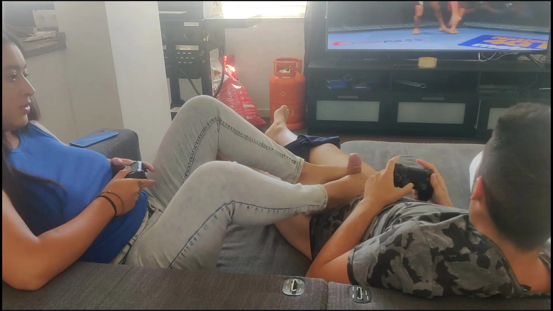 Friends GF Gives Footjob as We Play pic