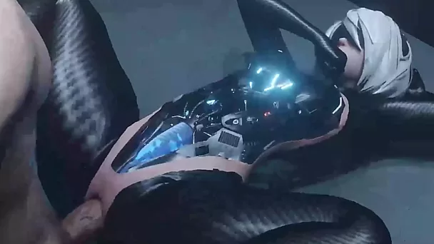 Podekscytowana cyborga rozkłada nogi i dostaje orgazmu.