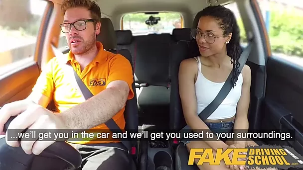 At a driving school hot ebony somehow manages to improve blowjob skills