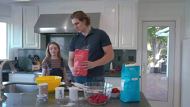 Petite redhead teen Madi Collins seduced a big tough guy and got hardcore sex in the kitchen.