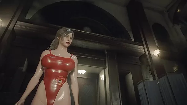 Resident Evil 2. Claire Redfield in einem einteiligen Badeanzug, der die Welt rettet