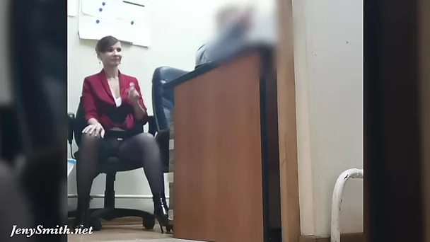 Russian secretary got a job and flashes her pussy secretly filming solo.
