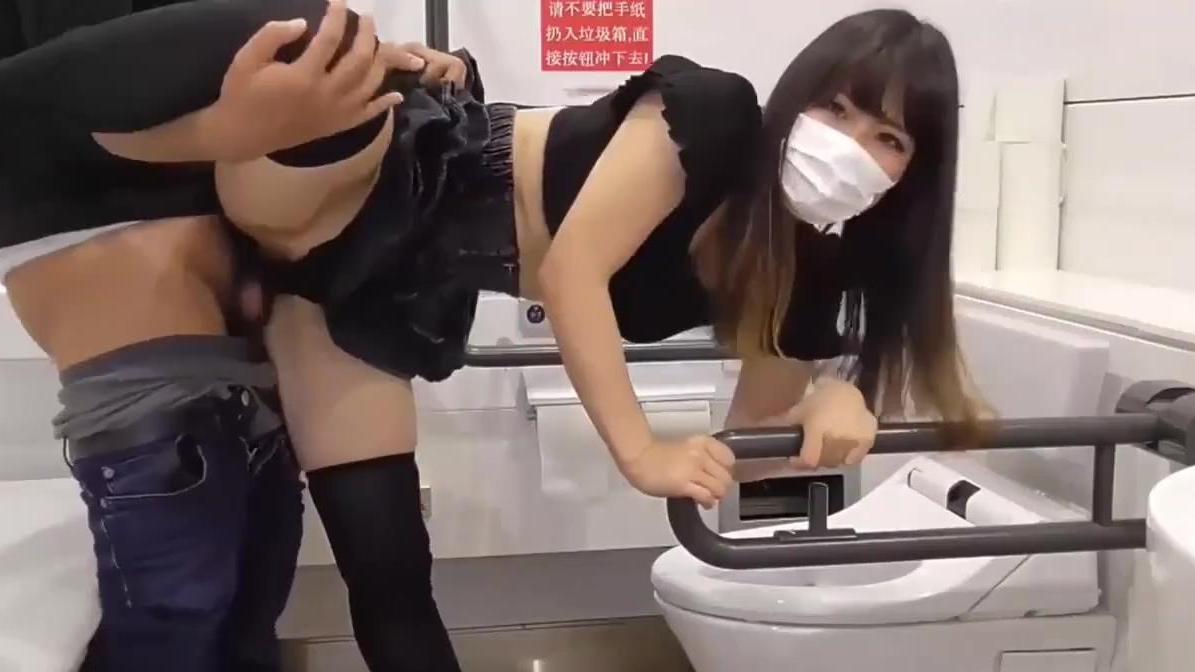 Asian beauty in stockings and mask gets fucked hard in the toilet image picture