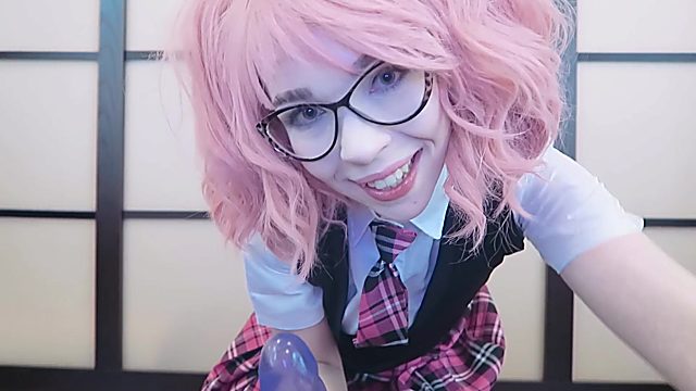 Pink Haired School Girl Swallows a Huge Dildo With Her Mouth and Pussy
