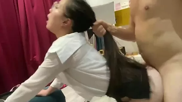 Japanese cutie lost her glasses and now can't control how roughly her boyfriend fucks her