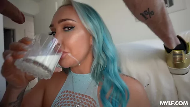 Hot Serbian MILF Nina Kayy is drinking milk and sucking a huge cock