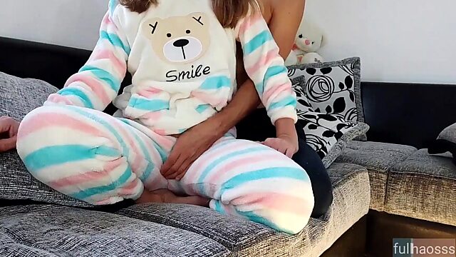 Cute pajamas get a little dirty because of the cumshot on it