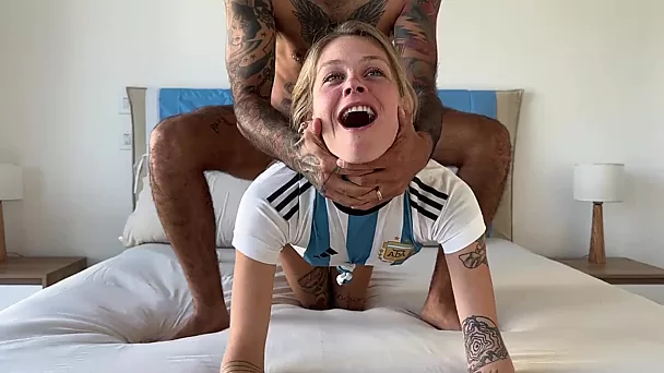 Soccer fan girl sucks big cock and fucks with big guy in different poses