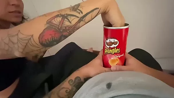 Blowjob for a cock in Pringles can prank for teen stepcousin