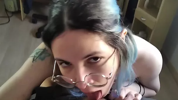 Blu-haired nerd teen blows my dick with her petite mouth and want some riding fuck
