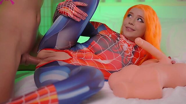 Cosplay Spider Girl gets double penetrated with sex toy and big real cock