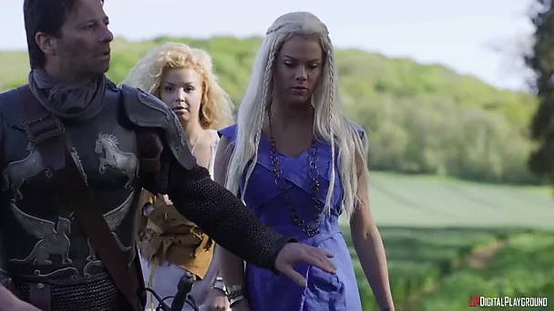 Game Of Thrones outdoor 3some sex scene with blonde Daenerys