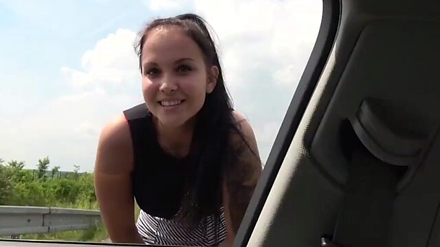 Pretty street whore gives a blowjob in a car and gets fucked in public