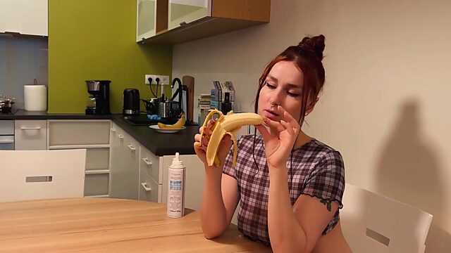 Eating banana and big cock with whipped cream before doggy sex in the kitchen
