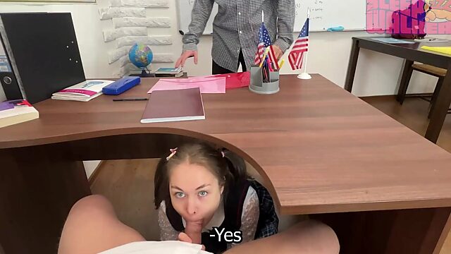 Schoolgirl trains in a sneaky blowjob until the teacher agrees to give her a good grade