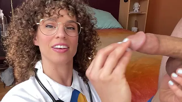 Slim Curly Jewish Doctor Checks Her Patient's Circumcised Dick With Her Pussy And Asshole