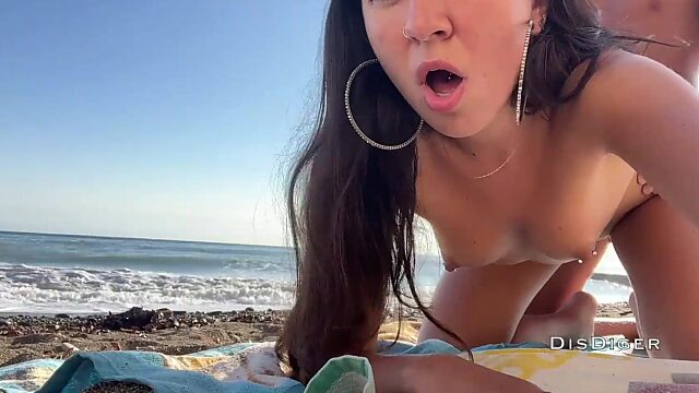 Russian babe Katty West fucked on the beach and cummed on her smiling face + bonus public pissing