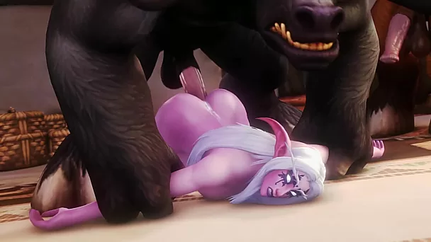 Animação 3D hardcore da paródia pornográfica de Warcraft: Tauren monstruoso transa com a bunda do elfo noturno