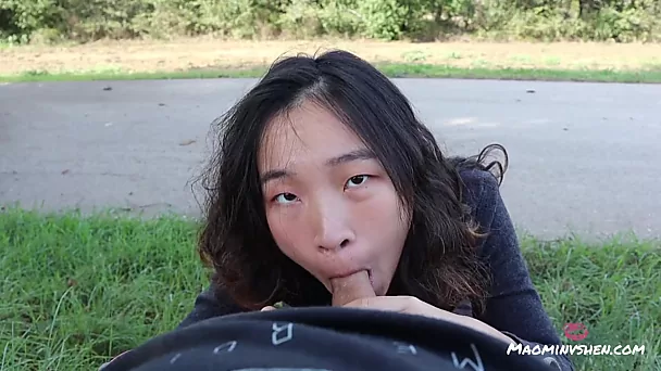 Asian gal blows off the dude's cock in the roadside - POV