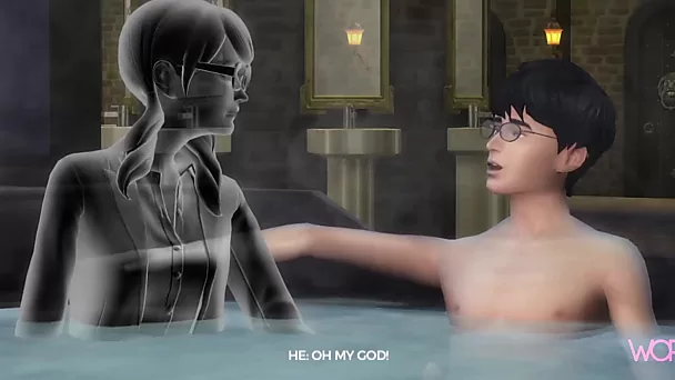 Animazione Sims: Harry Potter e Mirtie che si lamenta condividono un momento nel bagno della scuola.