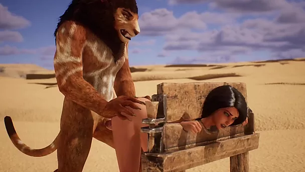 León se folla a una joven morena en un desierto