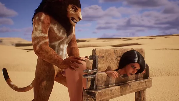 Lion fucks a young brunette in a desert