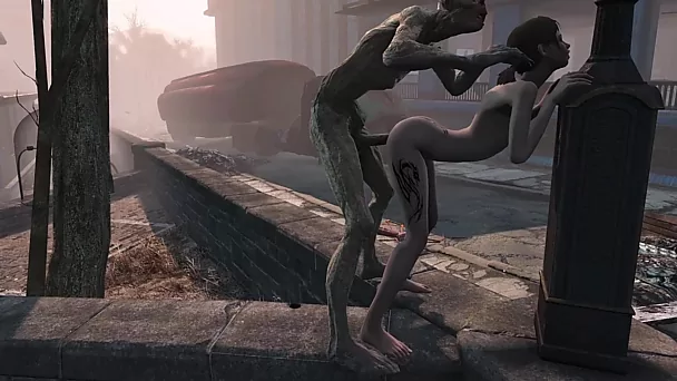 Parodie porno de Fallout : une beauté maigre se fait baiser par un zombie dans un monde post-apocalyptique