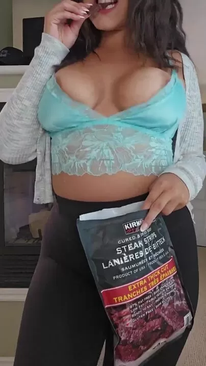 beef jerky and a boob bounce is a great combo